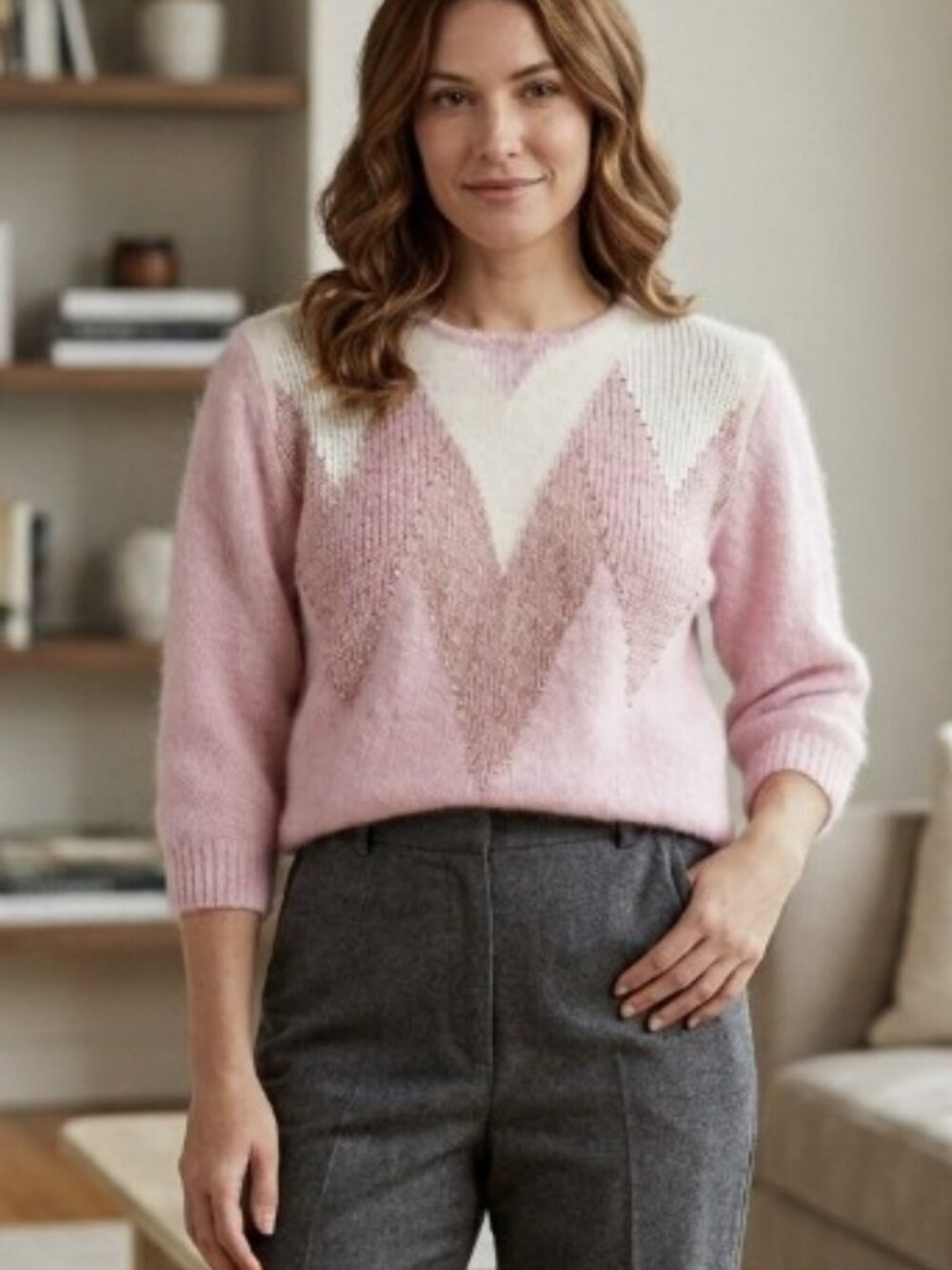 Franco Valeri Vintage 80s Pink Beaded Angora Rabbit Hair Blend Chevron Sweater